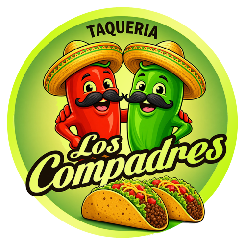 Taqueria Los Compadres logo – two friendly chili peppers in sombreros and aprons giving thumbs up in a busy kitchen